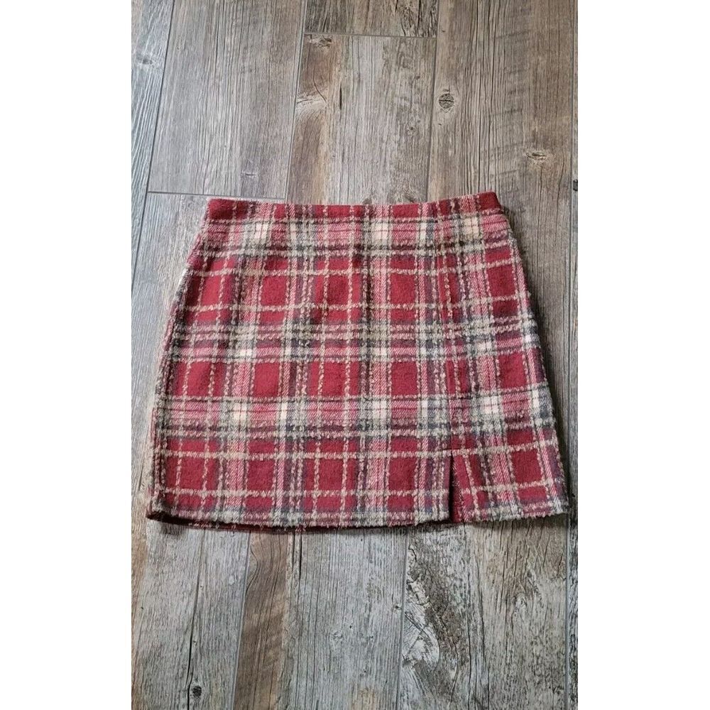 Potter's Pot Wool Blend‎ Skirt Size Large Red Plaid 17" Length Front Slit